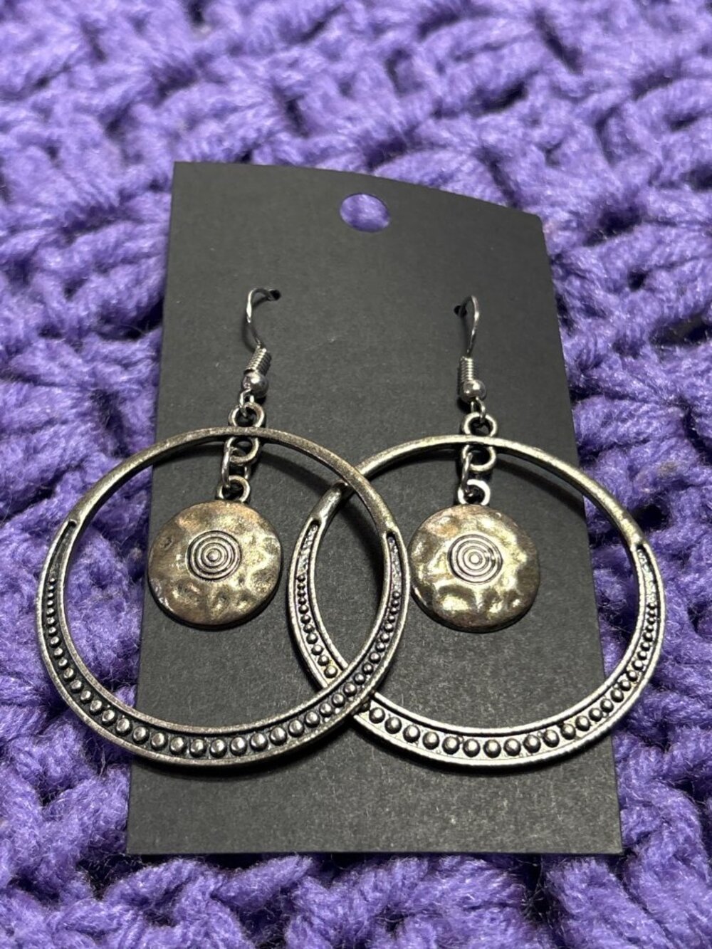 Hammered Silvertone Circle Hoop Dangle Earrings 2 inches